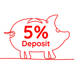 Piggy bank with 5% deposit overlaid